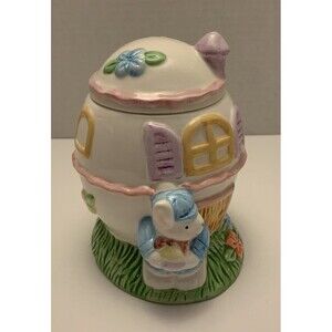 Ceramic Easter Trinket Or Candy Dish Spring Bunny Flowers House